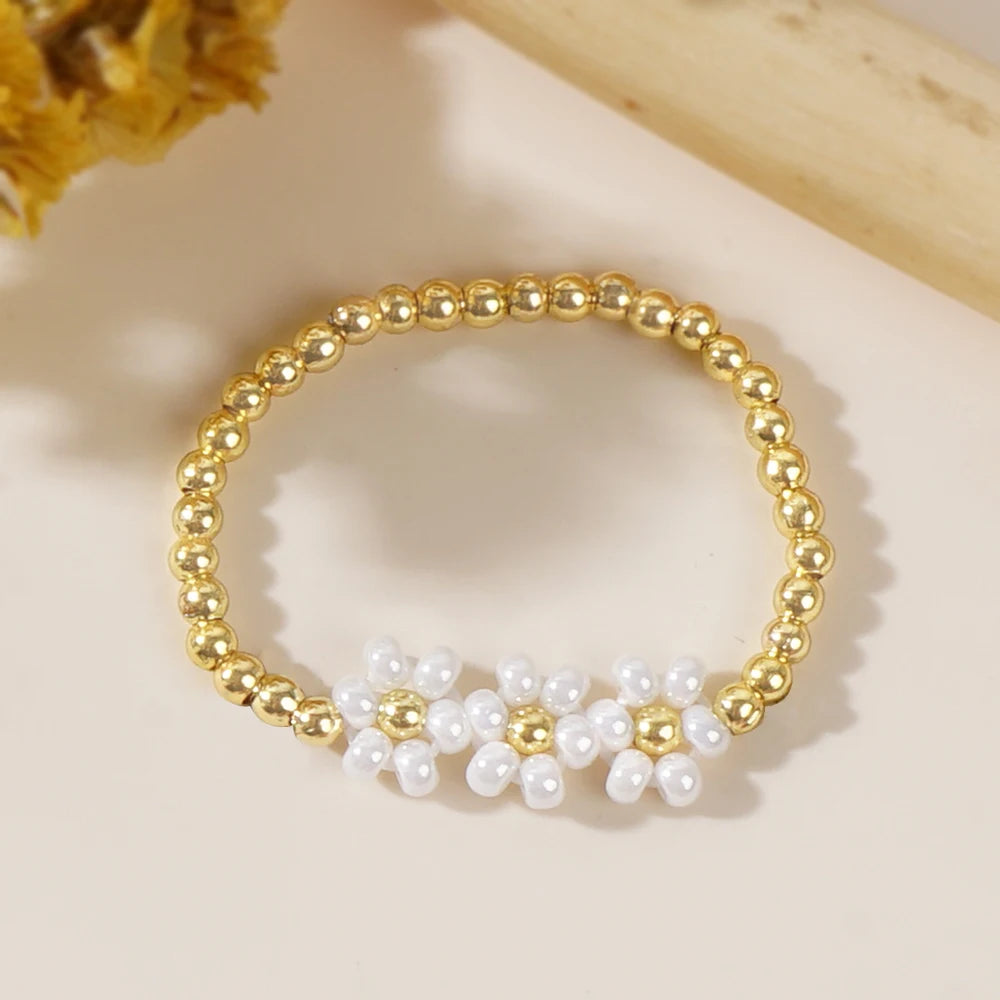 Go2boho Dinty Three Flower Design Waterproof Gold Seed Bead 18k Gold Filled Beaded Rings for Women Anniversary Gifts