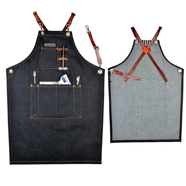 Coffee Denim Apron With Leather Strap Unisex Adjustable Denim Jean Kitchen Apron With Pockets for Women Men