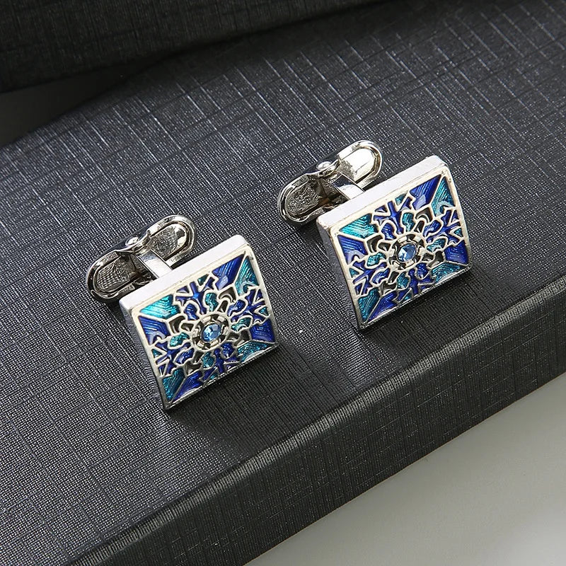 New and Innovative Luxury Cuff Links Buttons square Texture Light Blue Color Checkered Crystal Cufflinks