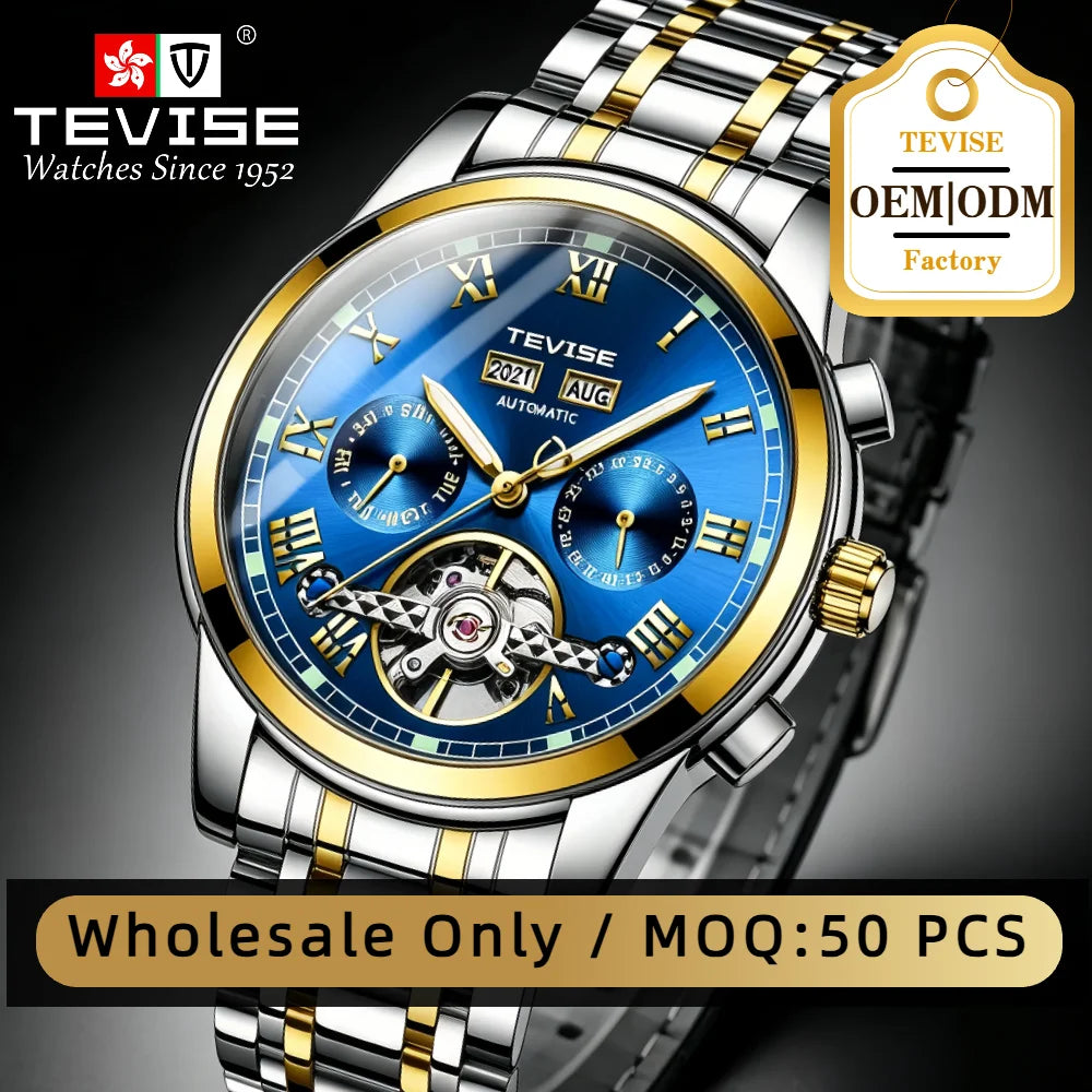TEVISE OEM Custom Tourbillon Watch Factory for Men Stainless Steel Chronograph Men's Automatic Mechanical Watch
