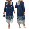 Y218538 Trendy Plus Size Jeans Dresses Women Casual Long Sleeve Lapel Patchwork Midi Tassel Denim Dresses for Women Ladies