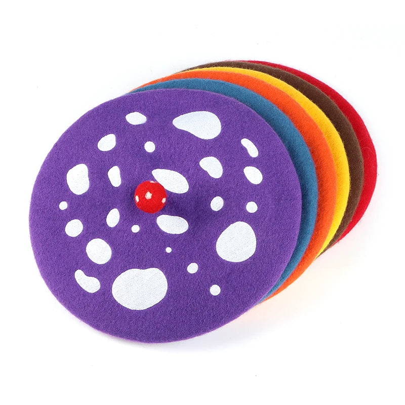 Wholesale Creative Cute Mushrooms Painter Hat Fashion Girls Handmade Wool Women Warm Berets Cap