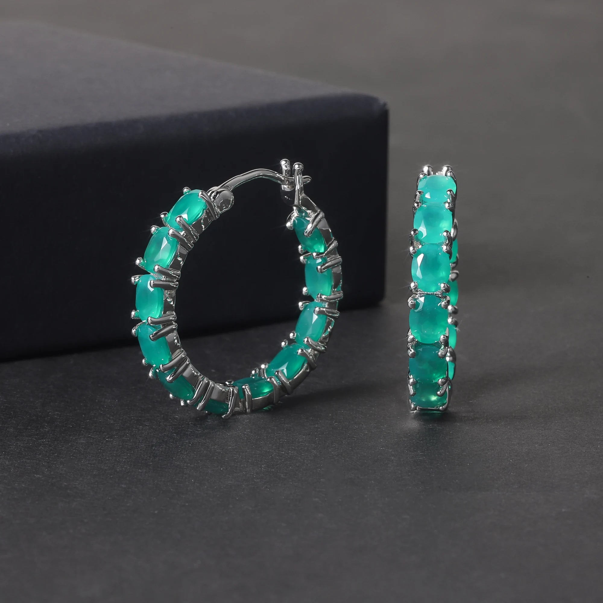 RZ0233 Abiding Jewelry Custom Dainty Wholesale Oval 4x5mm Natural Green Agate 925 Sterling Silver Hoop Earring