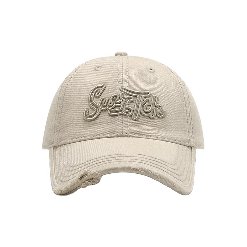 Men's Outdoor Riding Baseball Cap Letter Design Soft Top Ripped Cross-Border Washed Stereo Embroidery Metal Buckle for Big Heads