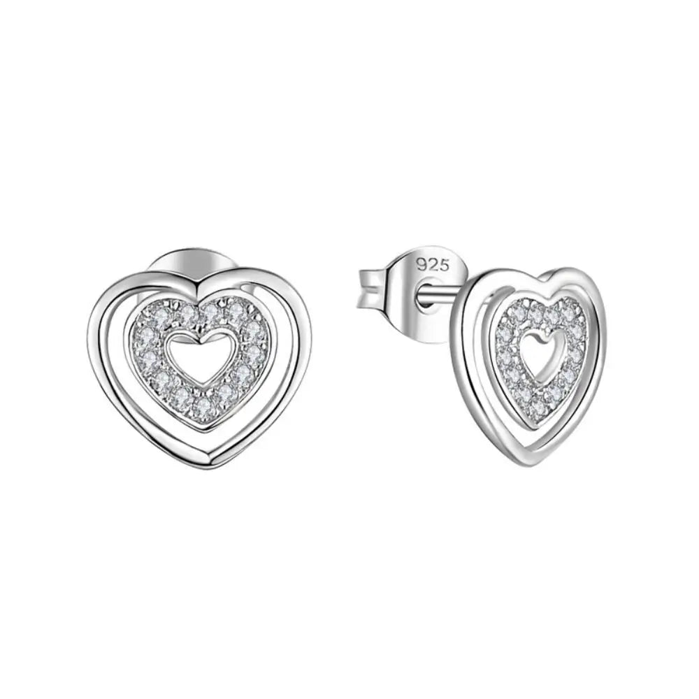 Valentine Birthday Gift Women Hollow Shiny Cubic Zirconia Heart 925 Sterling Silver Stud Earrings for Wedding