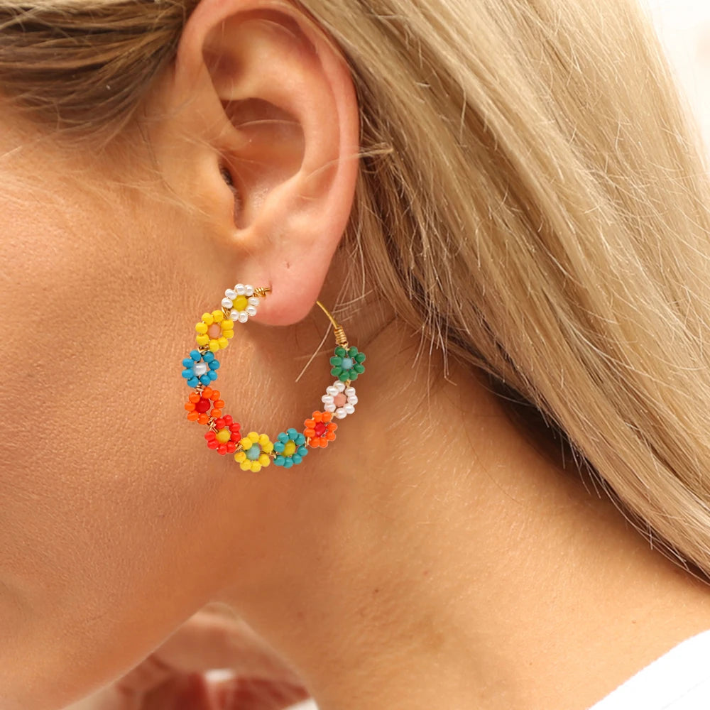 Go2boho Bohemian Handmade Jewelry Colorful Woven Flower  Hoop Earrings for Women Funny Gifts for Girlfriend