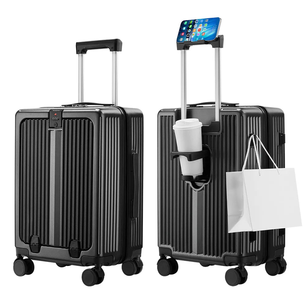 Waterproof Hard Shell Front Opening Gray Suitcase Customizable Lightweight Pc Frame Business Travel Luggage with Cup Holder