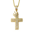 Hip Hop Iced Out Crown Cross Pendant Necklace Studded Zirconia Brass for Men Women