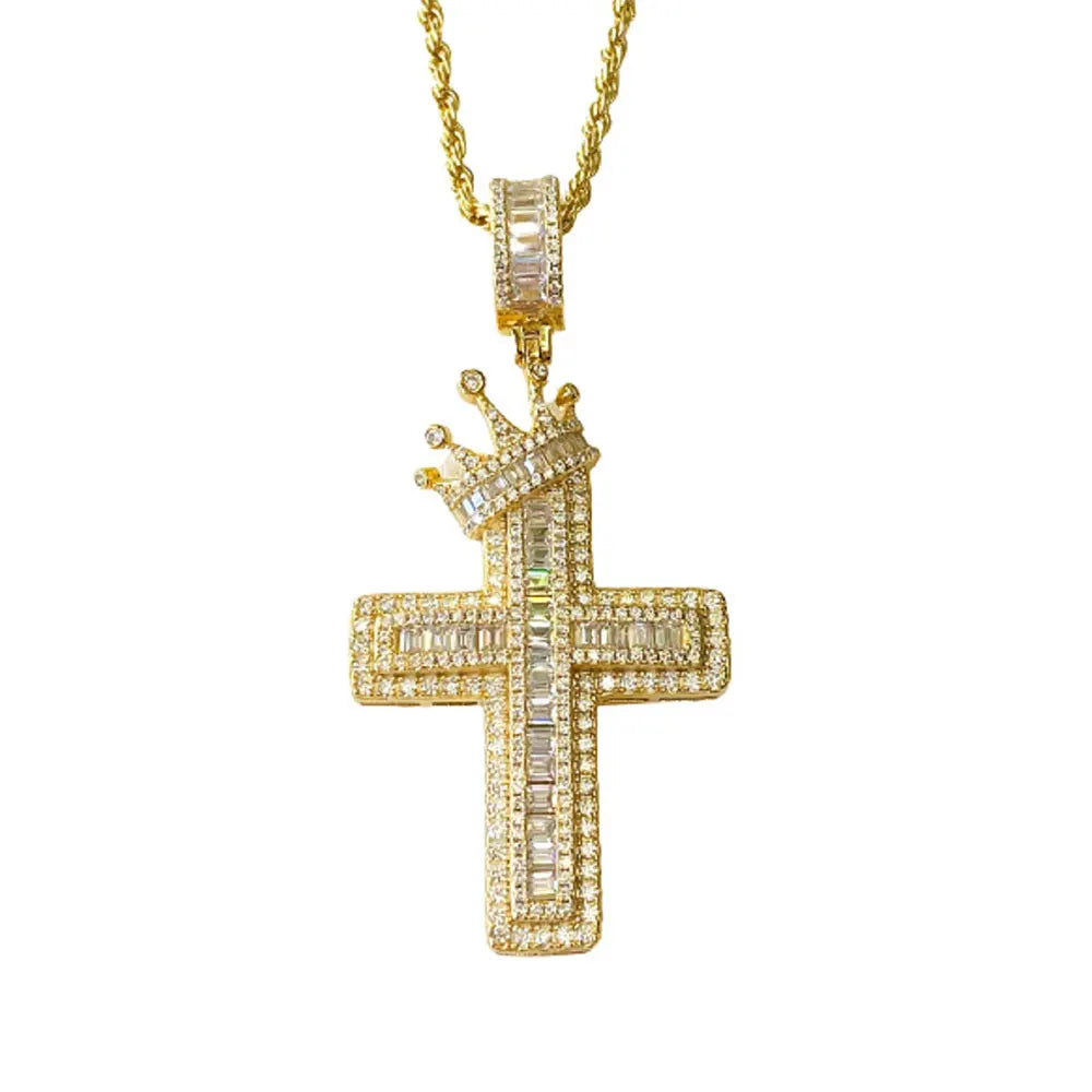Hip Hop Iced Out Crown Cross Pendant Necklace Studded Zirconia Brass for Men Women