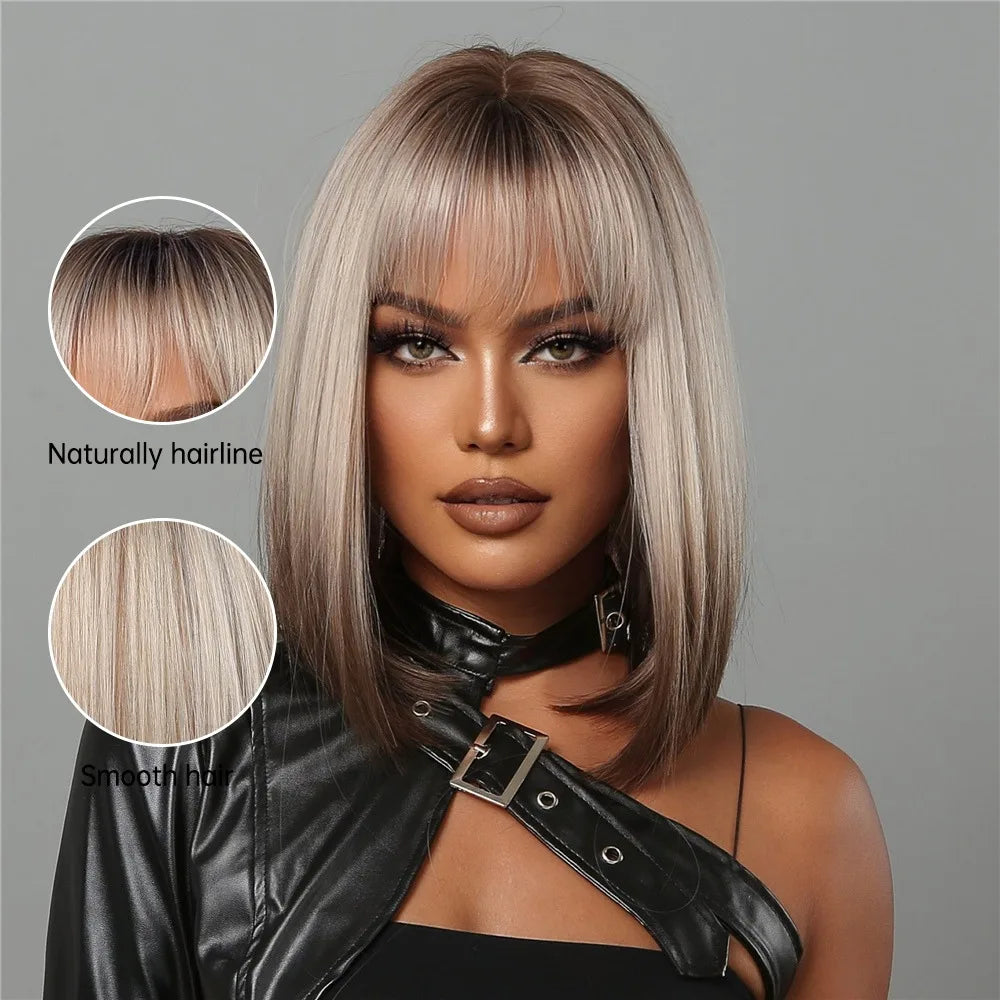 HAOLING Women's Short Straight Synthetic Wig Blonde to Brown Ombre Bob Wig with Bangs Rose Mesh Heat Resistant Synthetic Hair