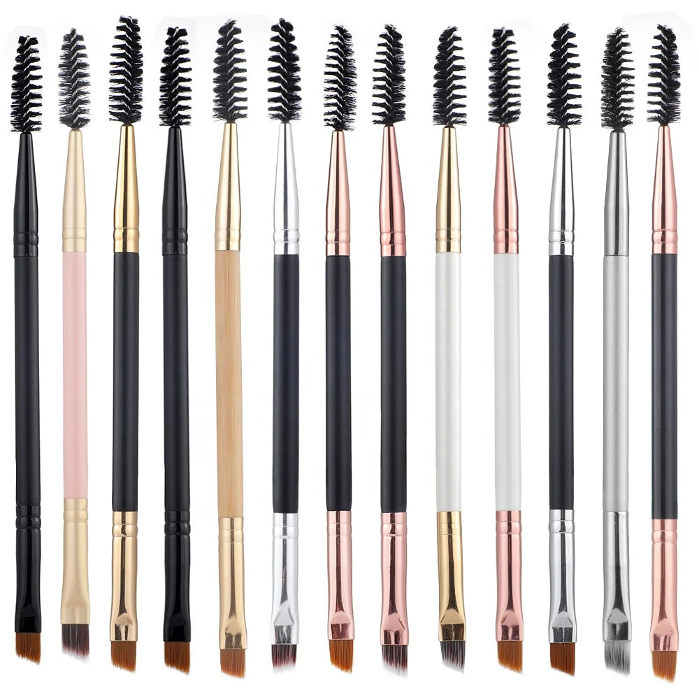 Custom Logo Single Eye Makeup Pencil Thin Angle Brush for Eyebrows Double End Eyebrow Brush with Wood Handle