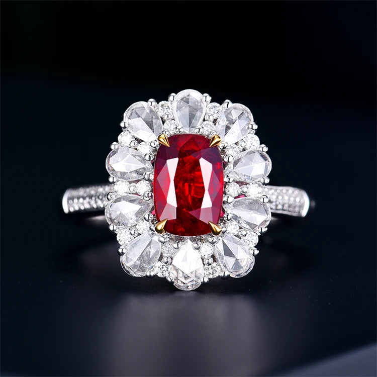 SGARIT Precious Gemstone Clear Ruby Ring Pendant 18K Gold Jewelry 1.66Ct Cushion Genuine Unheated Ruby Ring With Natural Diamond