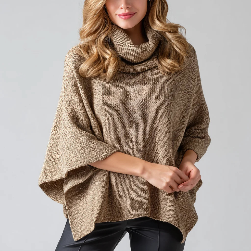 Women's Casual Turtleneck Poncho Sweater Cotton Blend Pullover with Front Logo Stretchable for Autumn Season