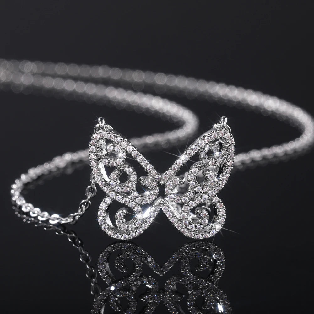 CAOSHI Macro Pave Holow Butterfly Necklace Pendant Bling Bling Zircon Silver Diamond Necklace Women