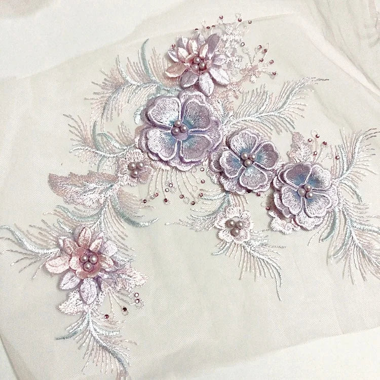 3d Flower Beaded Stones Embroidery Mesh Lace Applique Handcut Fabric LT2715A