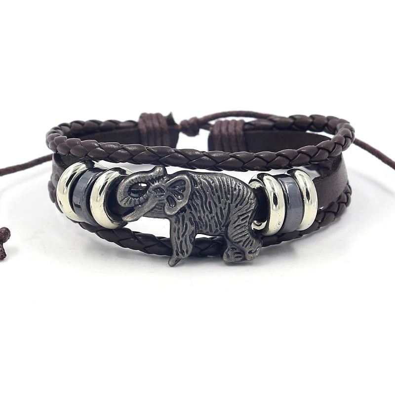 Vintage Bracelet Men's Multi-layer Personality Alloy Elephant Ethnic Style Beaded Leather Bracelets