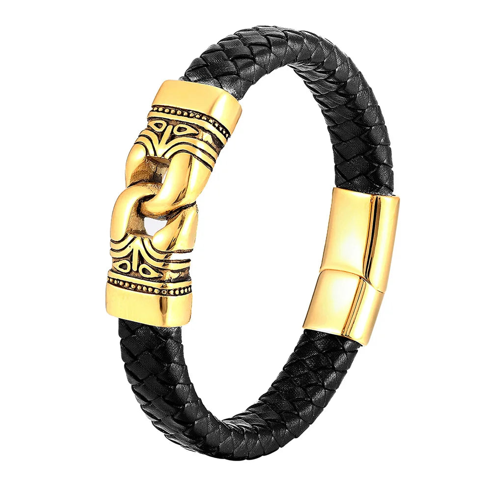 Fashion Designer Genuine Leather Bracelet Customized Leather Charm Bangle Gold Stainless Steel Magnetic Clasp Bracelet for Men