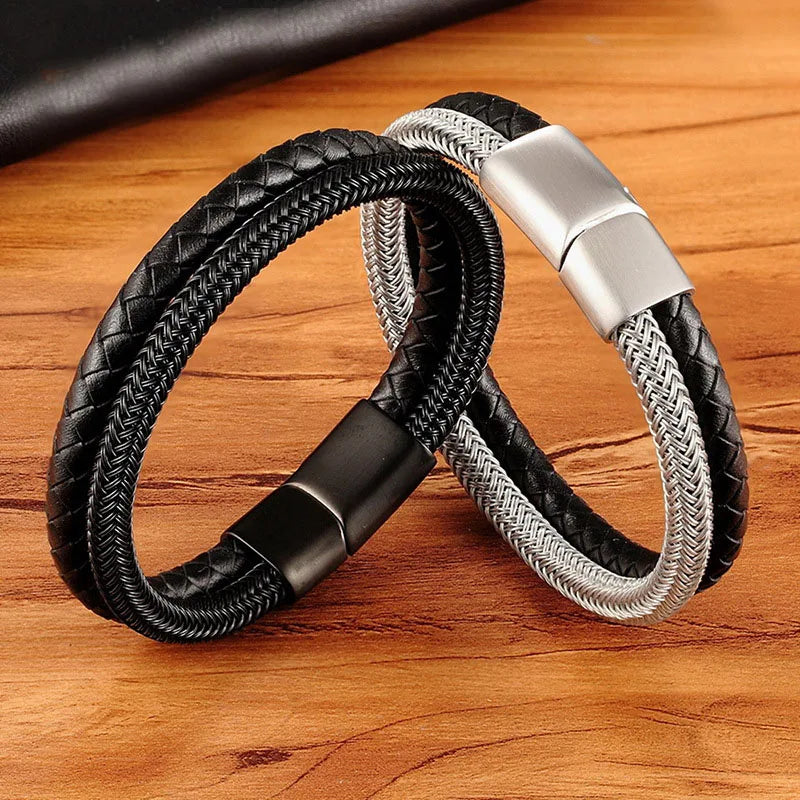 New Arrive Fashion Genuine Leather Bracelet 304L Stainless Steel Magnetic Clasp Wrap Leather Bracelet for Men Jewelry