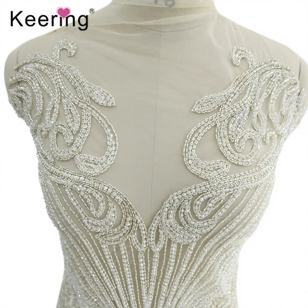 Keering Stock White Color Mesh Applique Handmade Beaded Fringe Dress for Panel  WDP-176