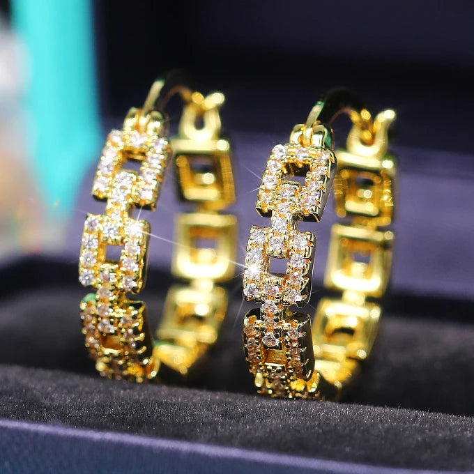 CAOSHI OEM ODM Women Gold Plated Shiny Crystal Chain Shaped Circle Rhinestone Earrings Party Jewelry Hollow Big Hoop Earring