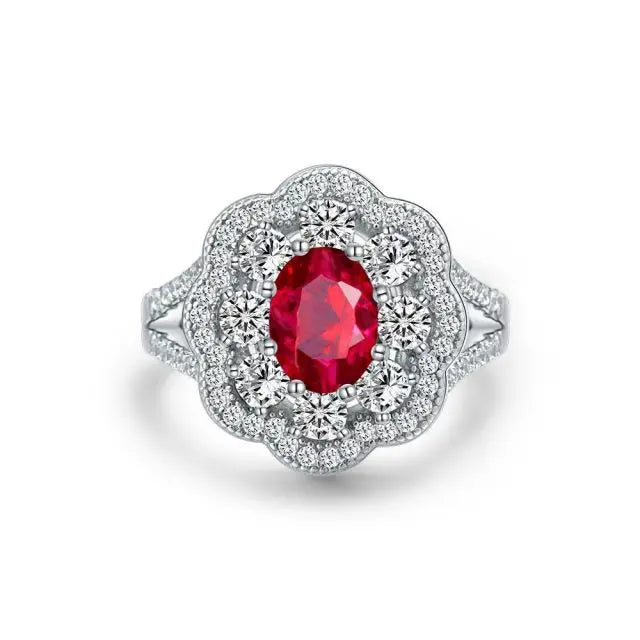 925 Sterling Silver Red Created Ruby Ring Oval Ruby Rings for Women