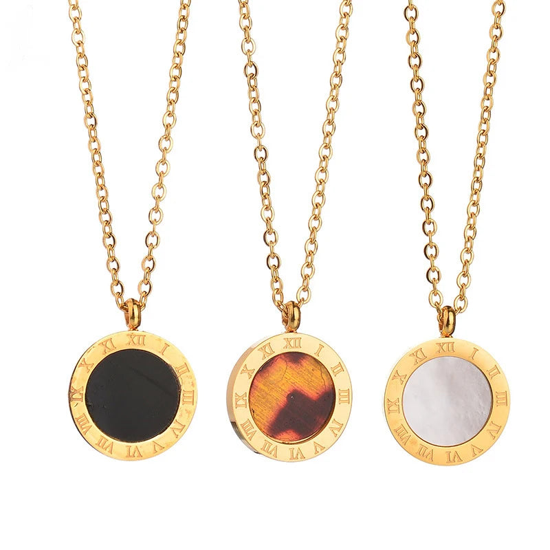 Bohemian Lady Ancient Roman Numerals Multicolored Shell Amber Exquisite Small 18K Gold-plated Stainless Steel Pendant Necklace