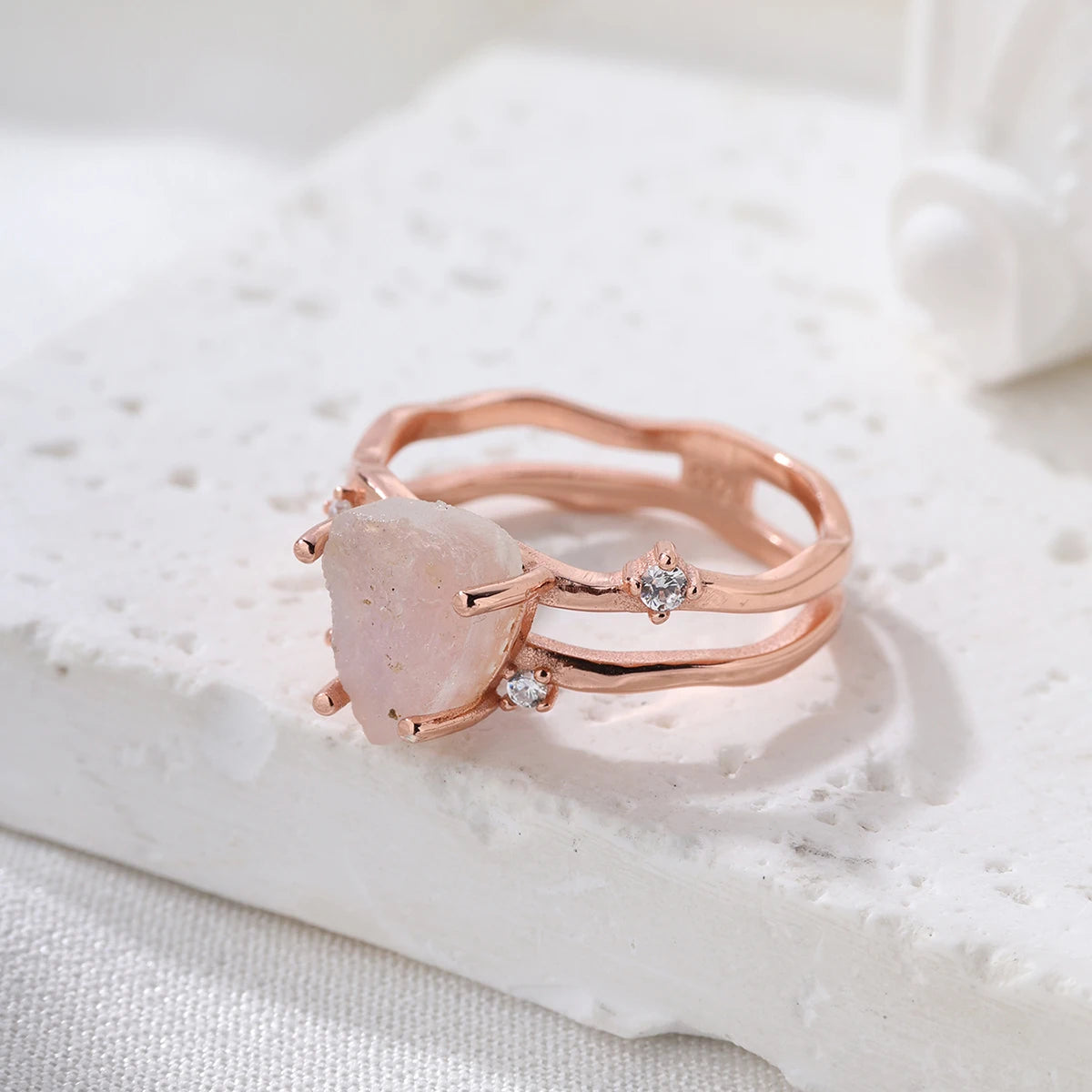 Cute 925 Silver Rose Gold Irregular Triangular Moonstone Zircon Ring Jewelry for Women