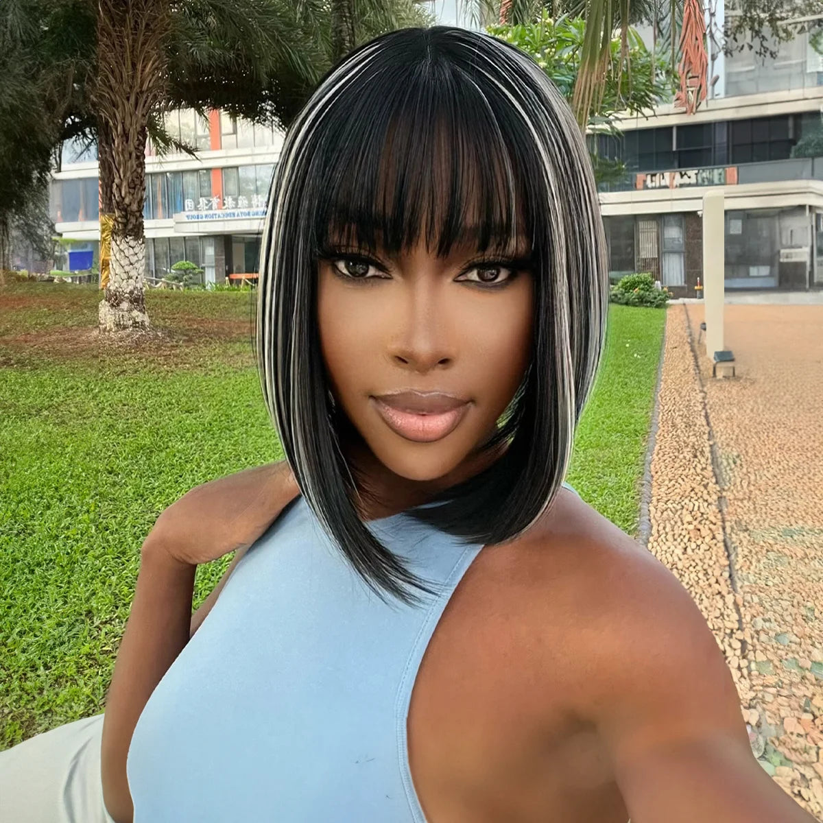 Factory Outlet Black Highlights White Synthetic Wigs Natural Hair With Bangs for Black Women Heat Resistant Fiber Wigs