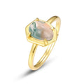 Gold Plated Green Moss Agate 925 Solid Sterling Silver Adjustable Natural Gemstone Ring Handmade Women Jewelry