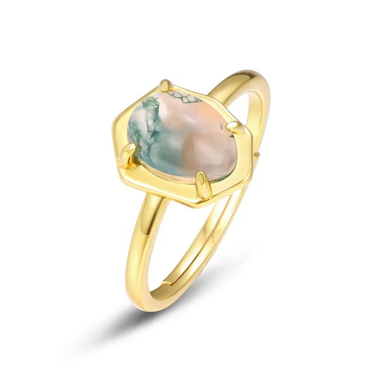 Gold Plated Green Moss Agate 925 Solid Sterling Silver Adjustable Natural Gemstone Ring Handmade Women Jewelry