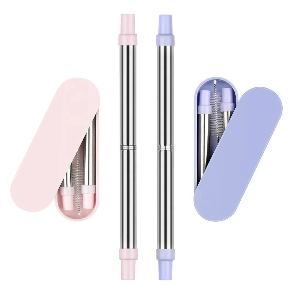 New Style Reusable Stainless Steel Collapsible Metal Telescopic Straw With Case and Cleaning Brush