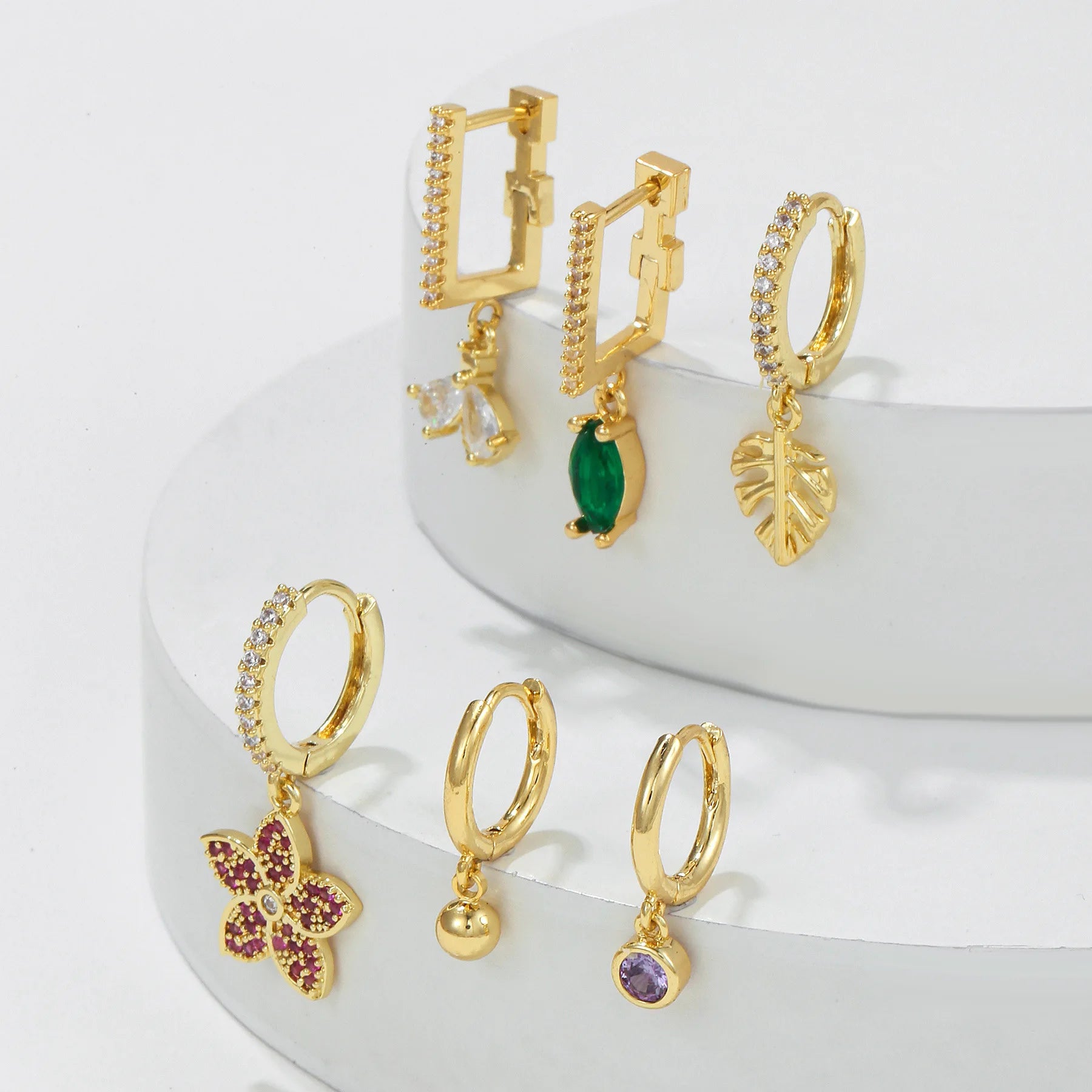 6Pcs Nature Inspired Bee and Leaf Earrings Set with Colorful Zircon Flowers Perfect Gift for Her