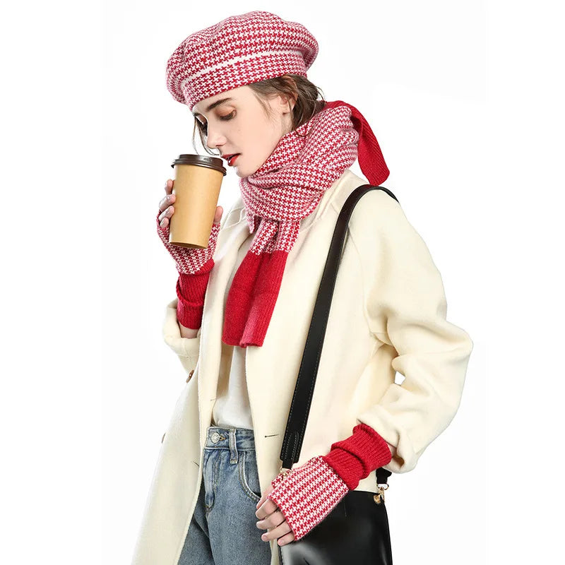 Ready to Ship  Fashion Chic Winter Warm Red Houndstooth Soft French Beret Hats Scarf Winter Hat and Gloves Mittens 3 Pieces Set