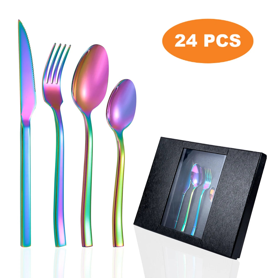 DAOQI 18/0 Royal Stainless Steel Modern Luxury Flatware Set Eco-Friendly Dishwasher Safe 24pcs Rainbow Cutlery Gift Box for