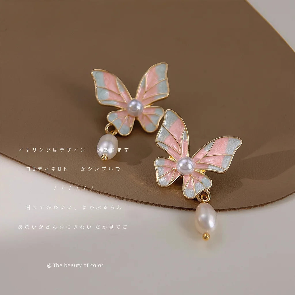 Elegant 14K Butterfly Drop Oil Enamel Freshwater Pearl Earrings Trendy  Fairy Forest Sweet Style