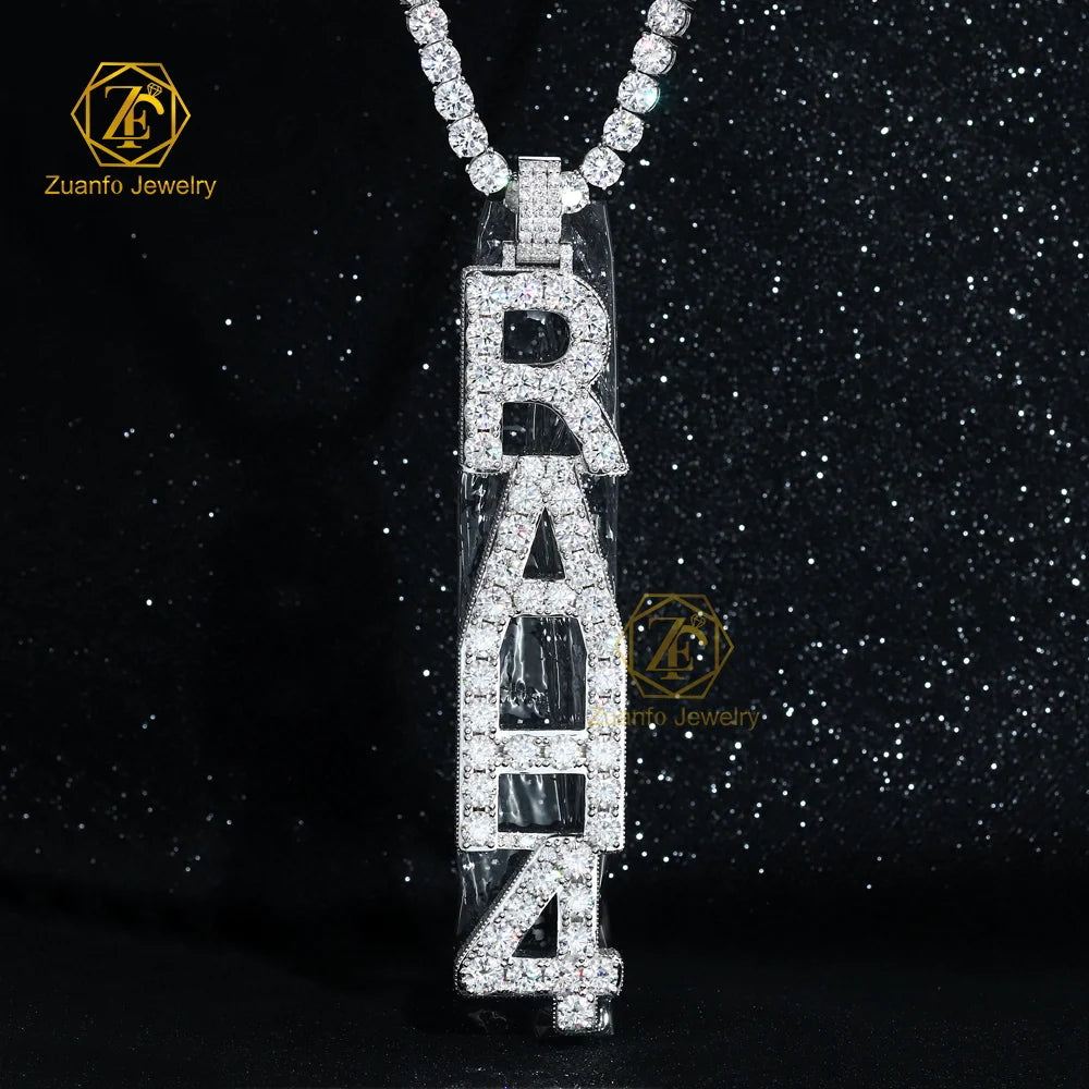 Unisex 925 Silver Moissanite Hiphop Initial Names & Number Tennis Chain Customizable Letter Pendant Charm