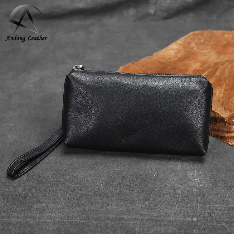 Andong Men's Genuine Cow Leather Clutch Bag Cowhide Long Wallet Fashion Simple Phone Pocket Zipper Purse Business