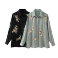 ZATRHMBM 2024 Women's New Fashion Sequin Satin Blouse Vintage Lapel Long Sleeve Ladies Tops Sequined Shirt