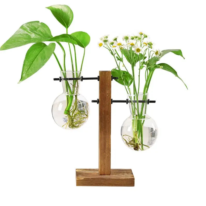 Modern Retro Solid Wooden Stand with New Transparent Glass Planter Vase Terrarium Tabletop Vase for Propagation Hydroponics