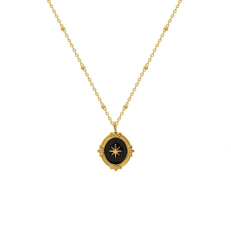 Chinese Elements Palace Style Octagonal Star Black Oval Enamel Necklace Collarbone Chain Stainless Steel 18K Plated