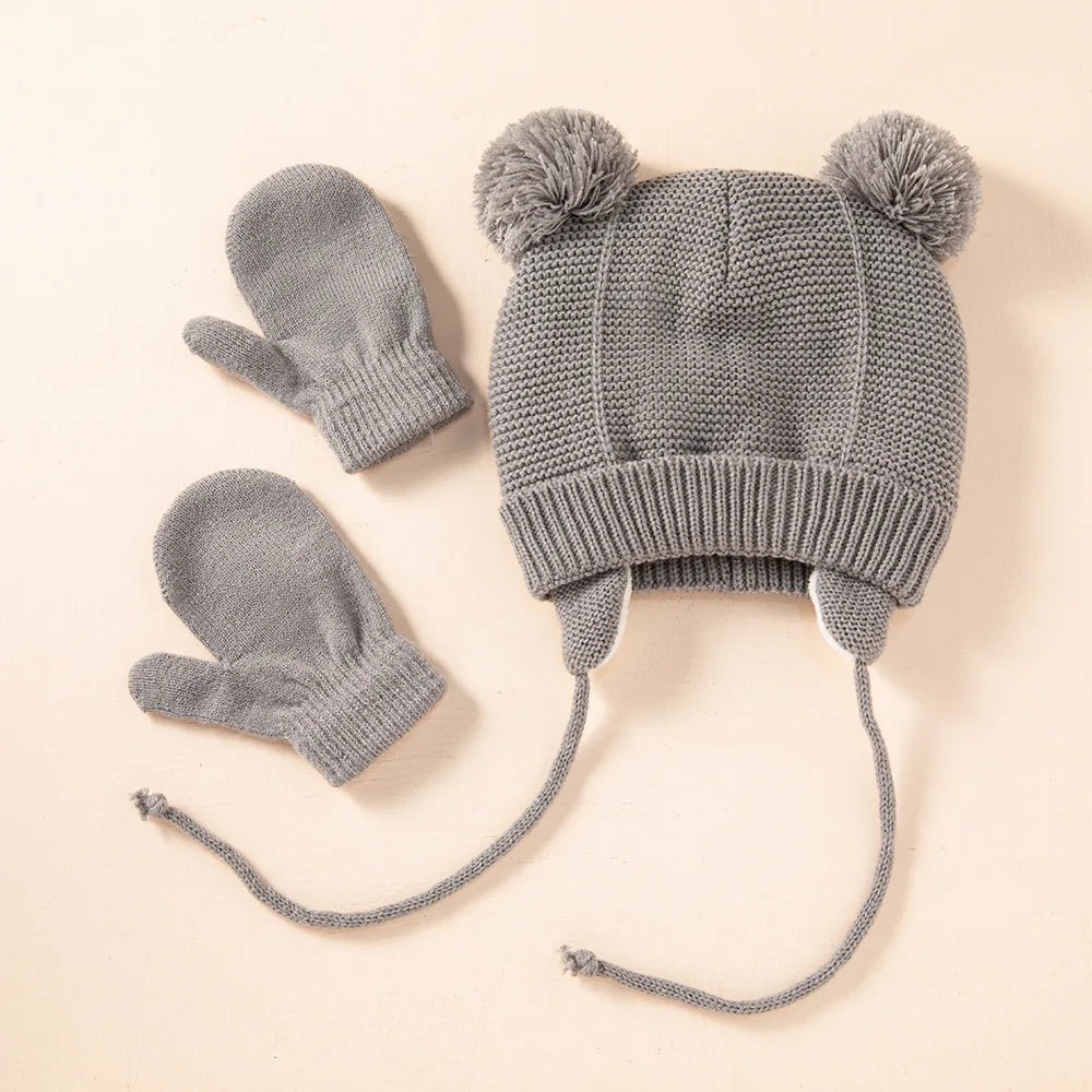 New Winter Kids Boy Girl Knitted Ear Protective Cap Warm Thick Baby Double Pom Pom Plus Thickening Earflaps Hat and  Glove Set