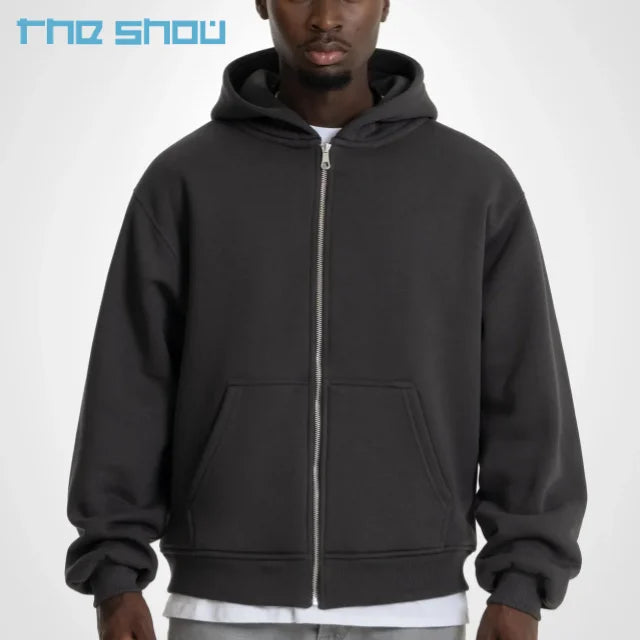 Wholesale Custom Heavy 500 Gsm Zip up Hoodies Double-Layer Oversized Pullover Hoodie Washed Fleece With Letter Pattern  Winter