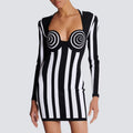 Popular Design Bodycon Elegant Stripe Cotton Neck Dresses Mini Dinner Dress for Women