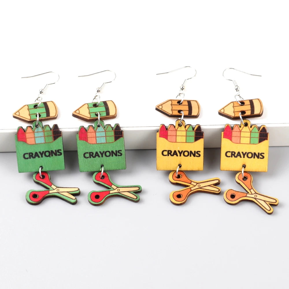 Yiwu Children's School Cartoon Wooden Long Drop Earrings Colorful Crayon Pencil Scissors Fashionable Stationery Accessory