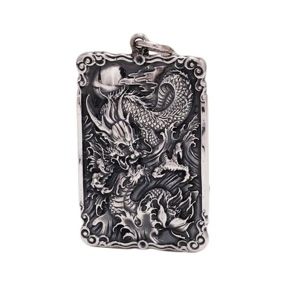 Sterling Silver 999 Vintage Auspicious Clouds Square Pendant for Men Carved Dragon Design Retro Punk Rock Pendant Male Jewelry