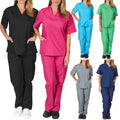 Scrub Suits V-neck Short Sleeve Top with Two Lower Patched Pockets Matching Elastic Waisted Long Pants Medical Uniforms