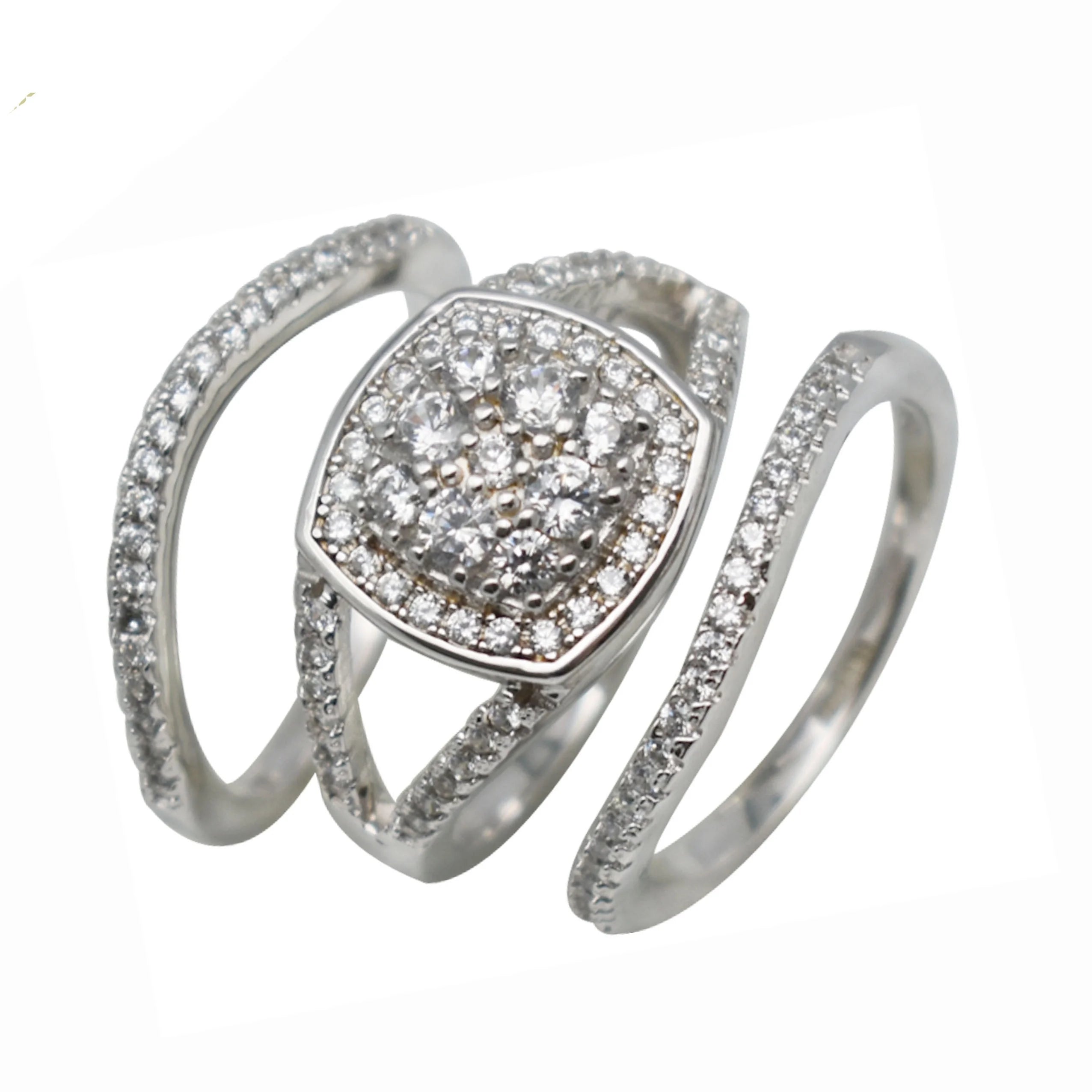 Wholesale S925 Silver Rhodium Plated Pave Setting Engagement Ring Set for Women Split Shank Bridal Party Ring Anniversary Gift