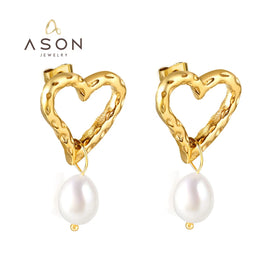 Ason Fashion Jewelry Custom Tarnish Free 18K Gold Plated Stainless Steel Charm Drop Pearl Hollow Heart Stud Earrings for Women