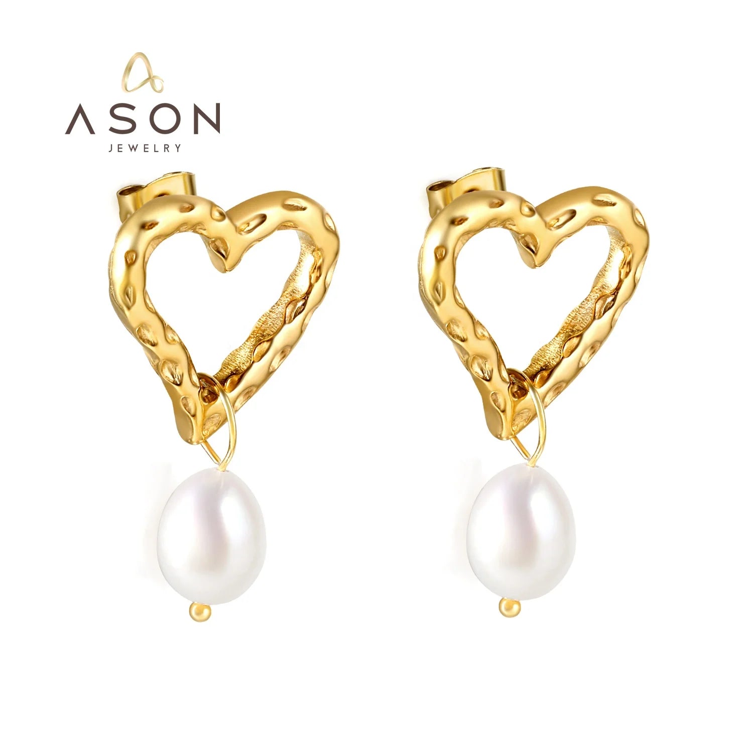 Ason Fashion Jewelry Custom Tarnish Free 18K Gold Plated Stainless Steel Charm Drop Pearl Hollow Heart Stud Earrings for Women