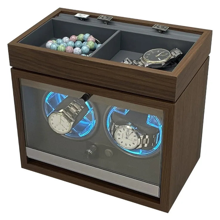 New Black Walnut Vertical 2 Slots Blue LED Lighting Watch Winder Box with Top Jewelry Display Tray